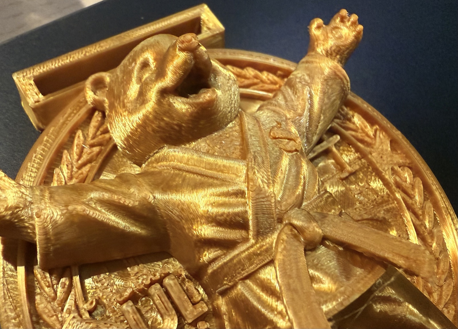 Detalhe macro do mascote urso judoca em alto relevo sobre a medalha, mostrando a profundidade do relevo.