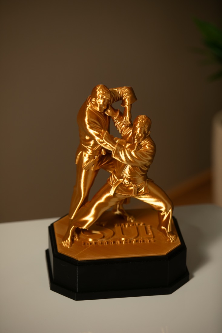 Troféu Tai Otoshi dourado: dois judocas em kumi-kata sobre base octogonal preta com a marca do evento em relevo.
