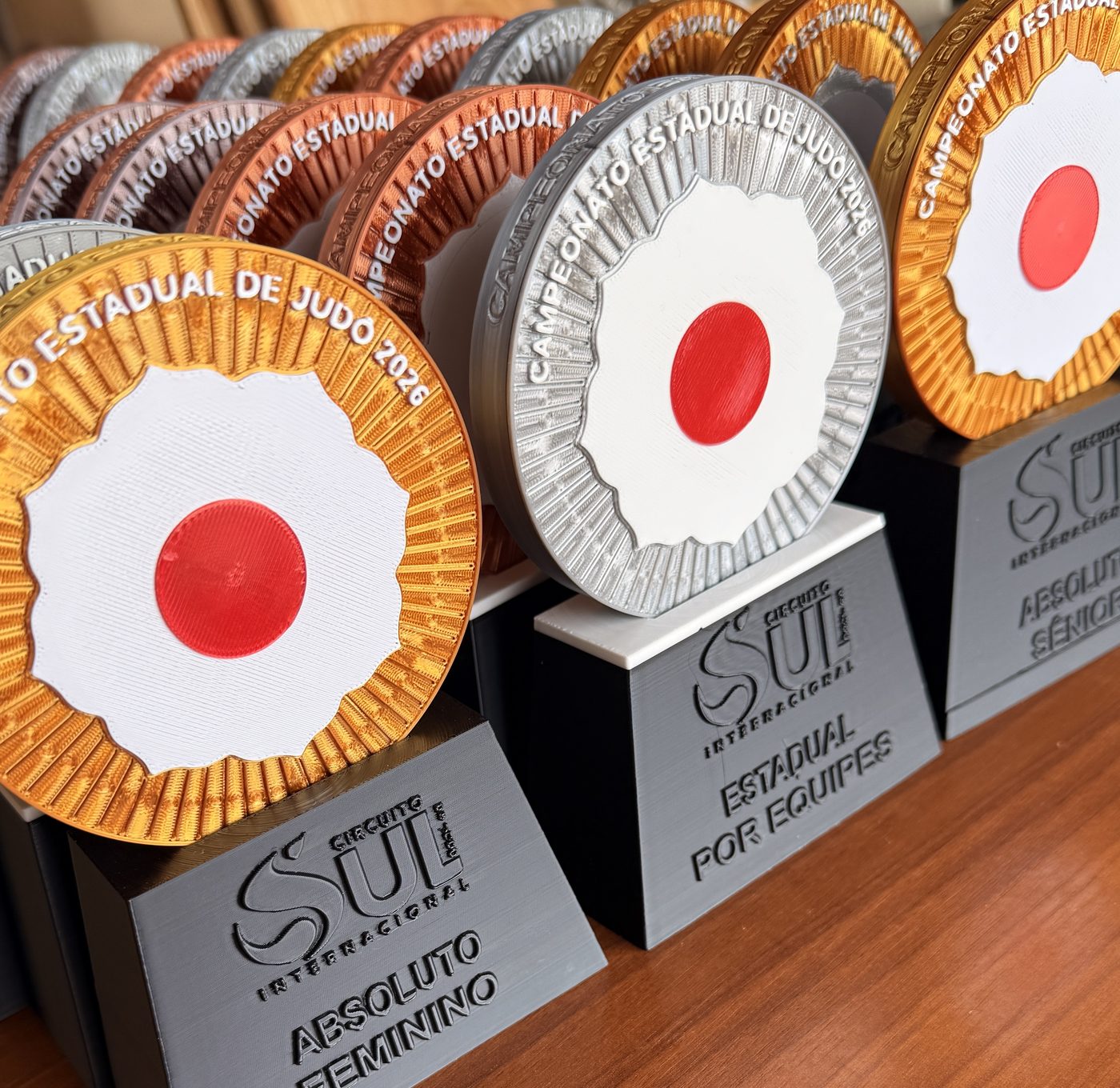 Lote de troféus de disco em ouro, prata e cobre no ateliê, com bases gravadas Absoluto Feminino, Estadual por Equipes e Absoluto Sênior.